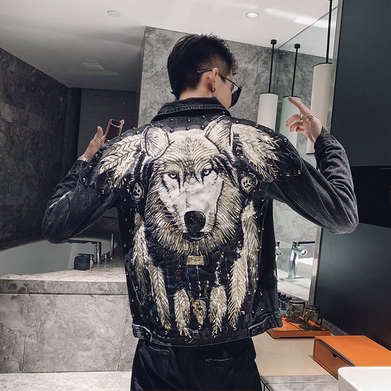 Boys Jeans Jacket Wolf Dog Embroidery Handsome Guy Cool Men's Jacket | Brodtica.com - Brodtica