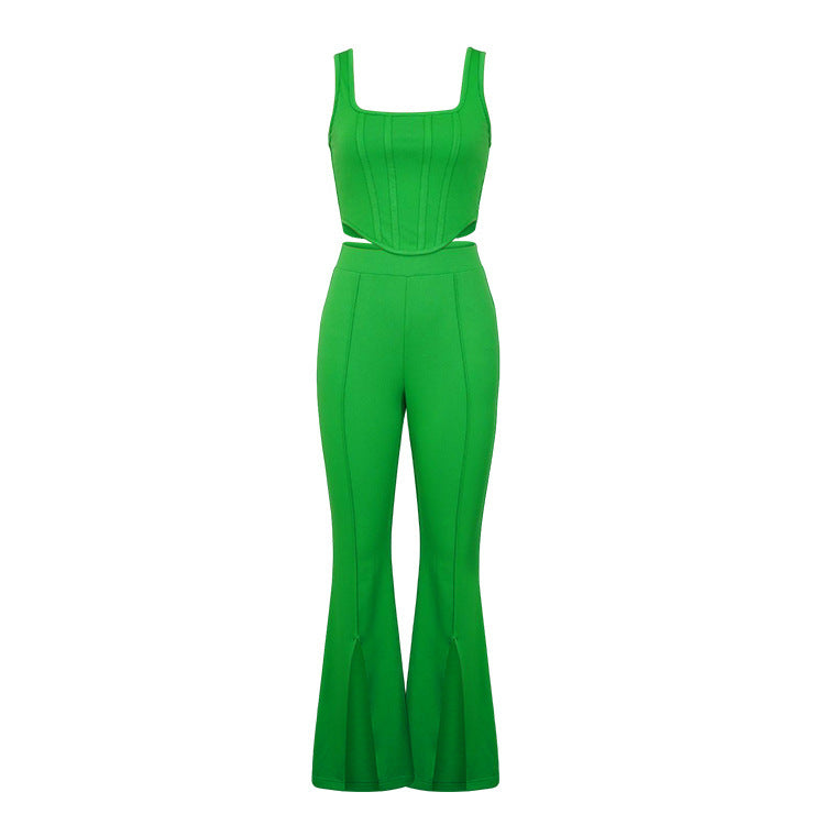 Women's Umbilical Slim Fit Jumpsuits Crop Top Split Pants Set | Brodtica.com - Brodtica
