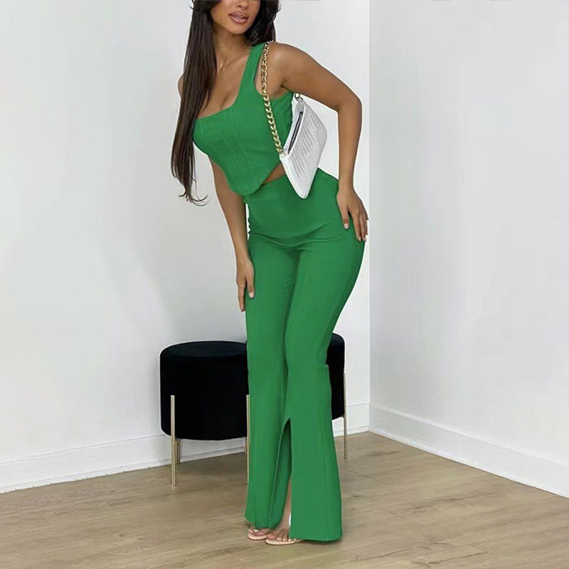 Women's Umbilical Slim Fit Jumpsuits Crop Top Split Pants Set | Brodtica.com - Brodtica
