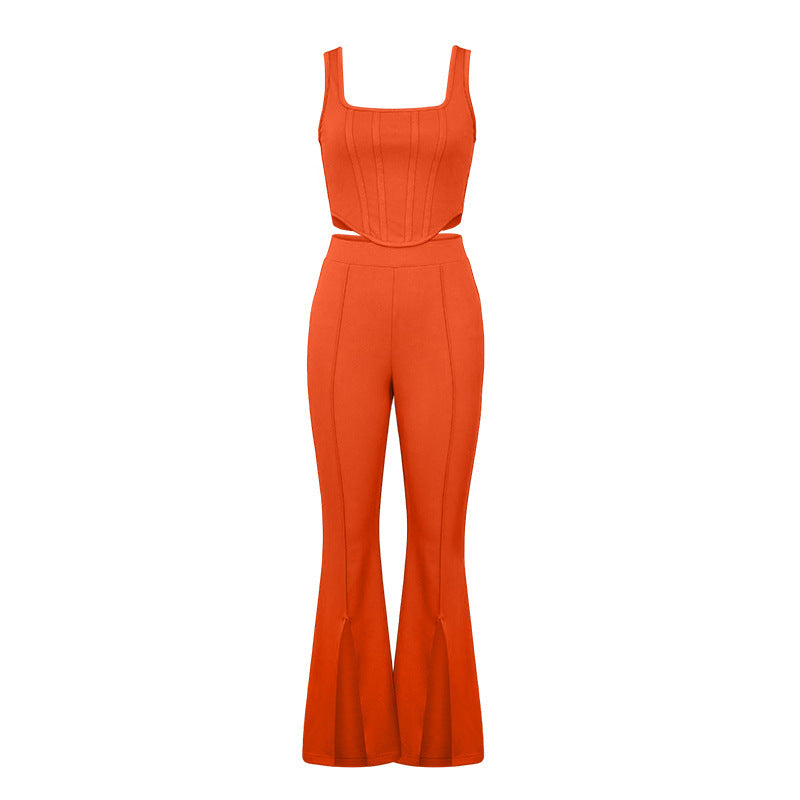 Women's Umbilical Slim Fit Jumpsuits Crop Top Split Pants Set | Brodtica.com - Brodtica