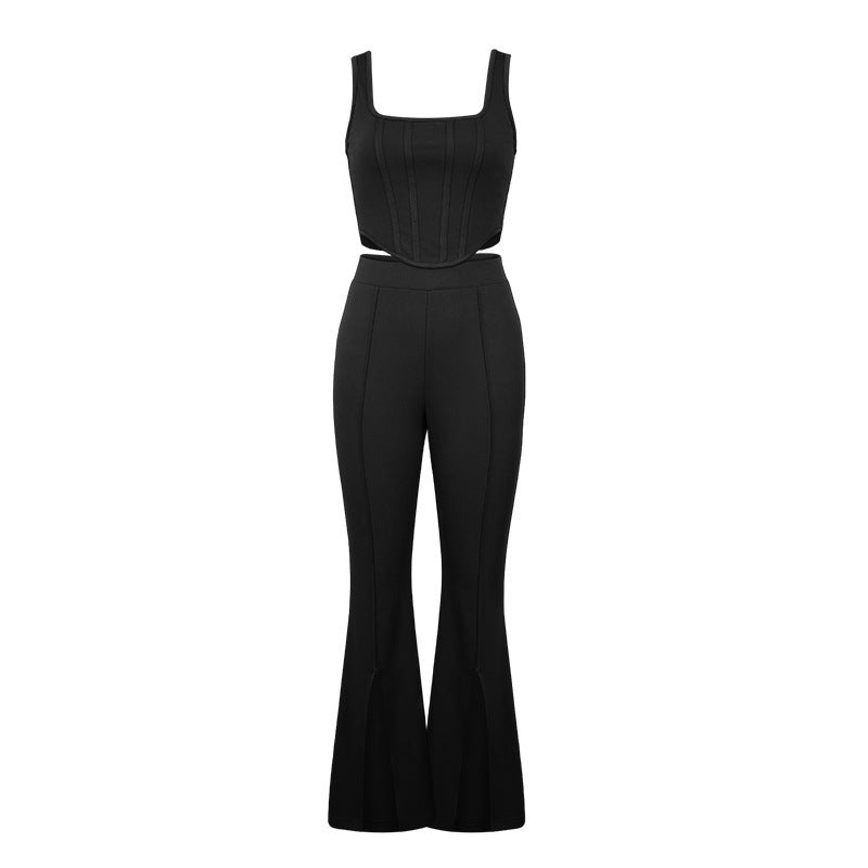 Women's Umbilical Slim Fit Jumpsuits Crop Top Split Pants Set | Brodtica.com - Brodtica