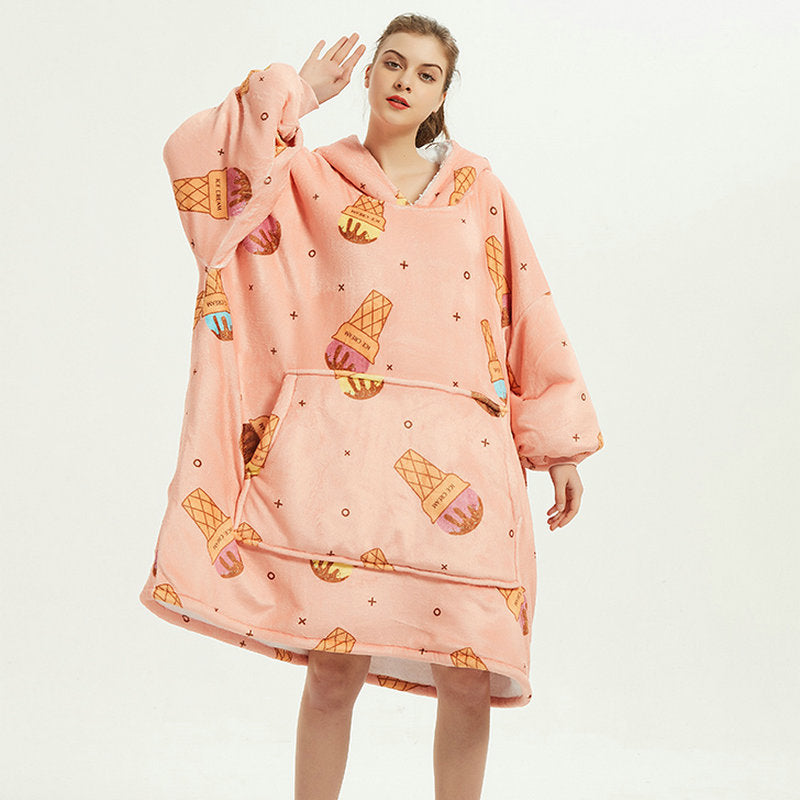 Oversized Wearable Blanket Hoodie Winter Cute Print Fleece Sleepwear Warm And Cozy Sofa Home wear | Brodtica.com - Brodtica