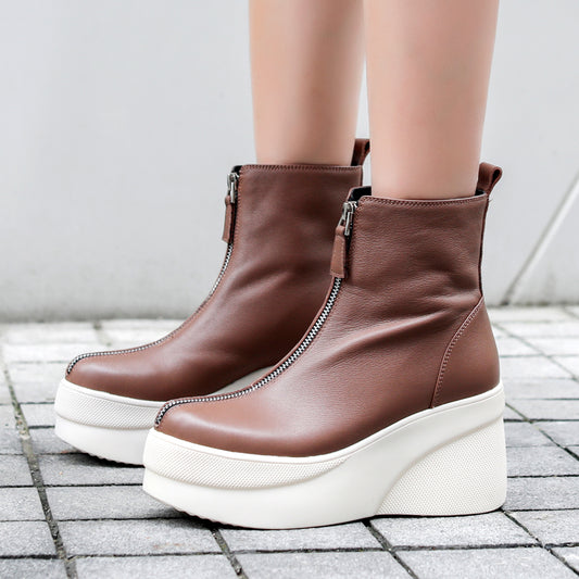 Short Boots Leather All-match Wedge Heel | Brodtica.com - Brodtica